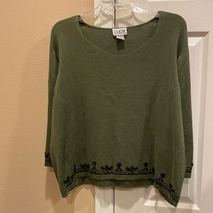 CLIO II 3/4 sleeve v-neck silk blend sweater with bead and embroidery accents